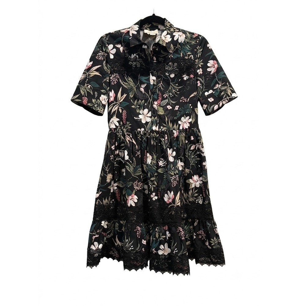 Kate Spade Floral Lace Trim Shirt Dress Black Botanical Short Sleeve Mini Size 4